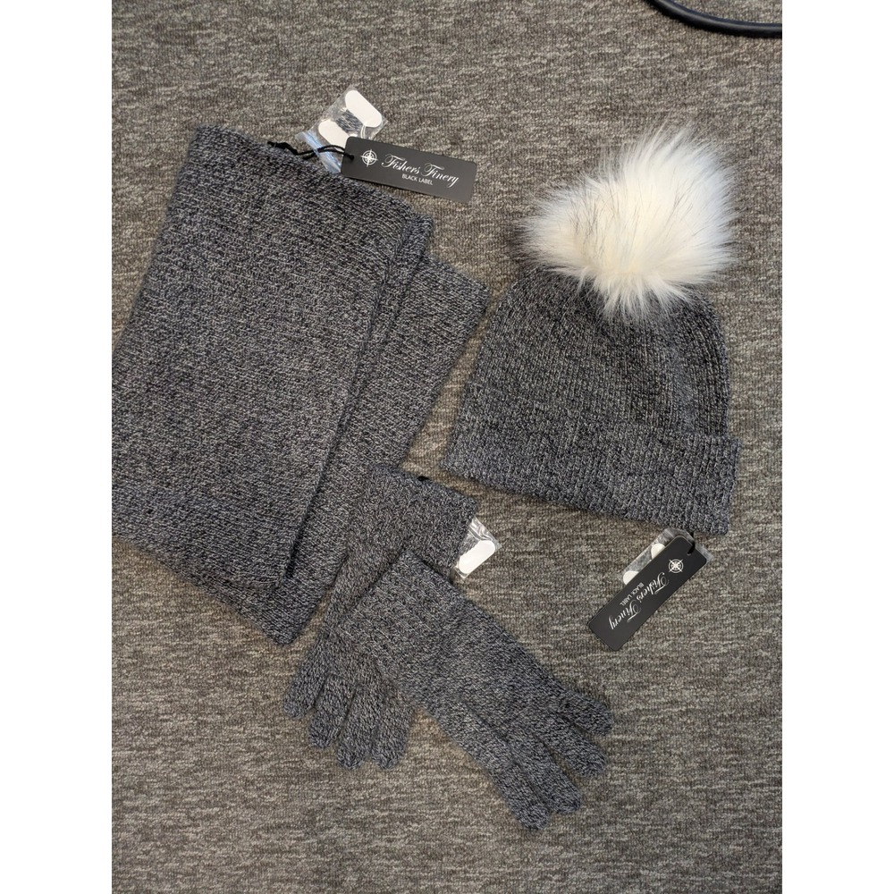 NEW Fishers Finery Winter Accessory Set Women's OS Gray 100% Cashmere Pom Beanie